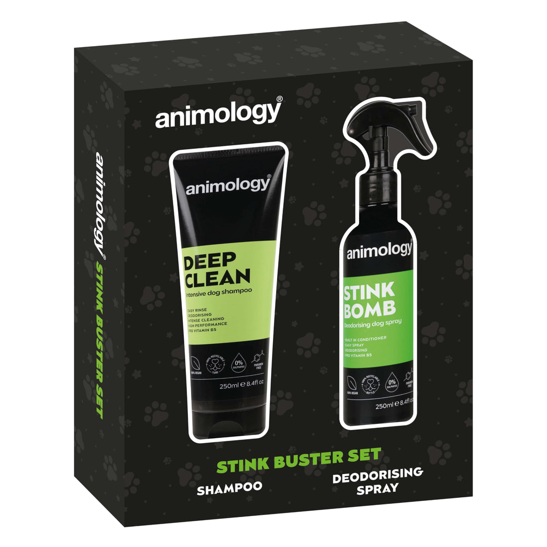 Animology Stink Buster Set, Hundepflege-Geschenkset mit Tiefenreinigungs-Shampoo und Stink Bomb Deod