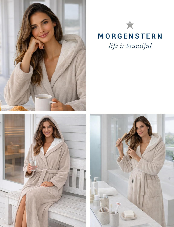 Morgenstern Bademantel Damen Extra Lang Kapuze Frottee Velours Luxus Morgenmantel S Tall Beige, S Ta