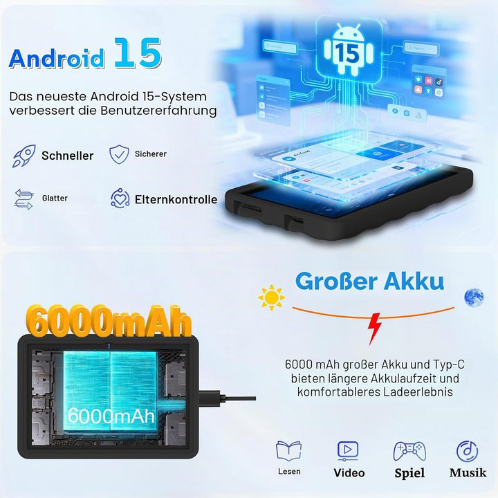 DMOAO Kinder Tablet 10 Zoll Android 15 mit 30GB RAM + 64GB ROM(2TB), 5G WLAN 6, Widevine L1, Elterli