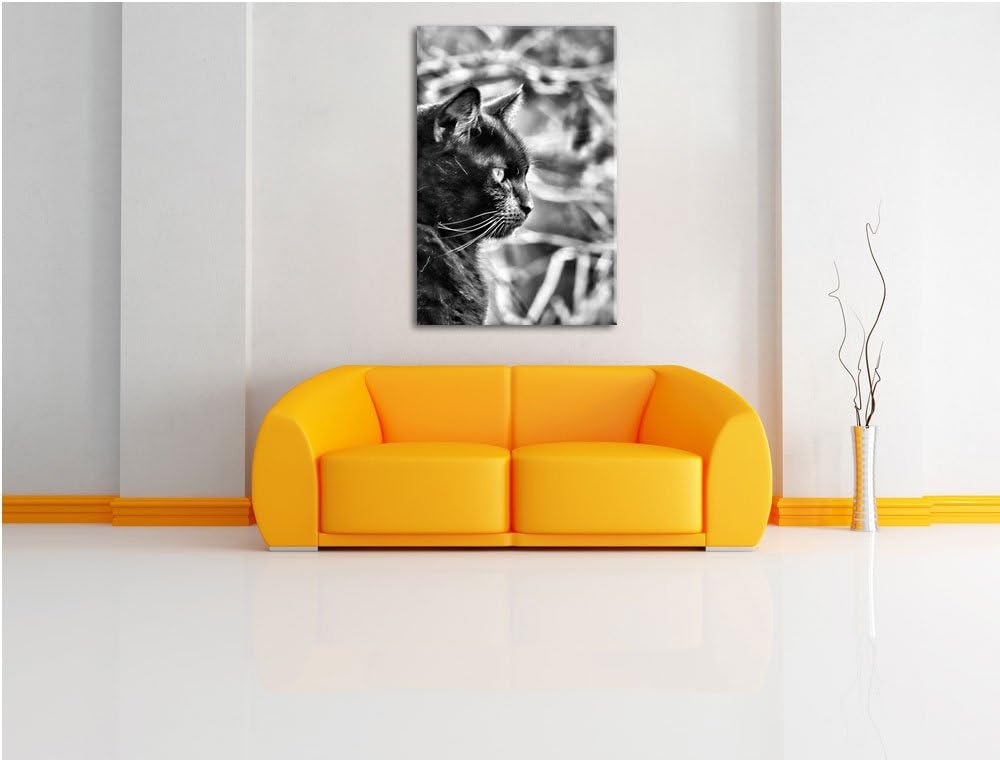 Monocrome, schwarze Katze, Format: 100x70 auf Leinwand, XXL riesige Bilder fertig gerahmt mit Keilra