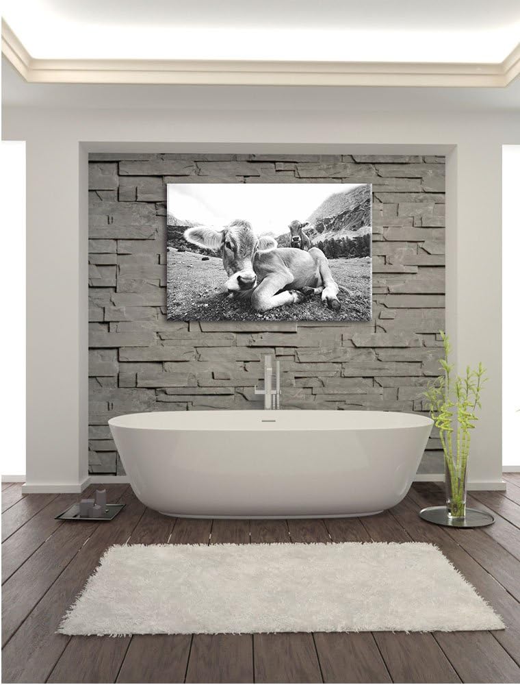 Pixxprint Almkuh in den Bergen als Leinwandbild/Grösse: 100x70 cm/Wandbild/Kunstdruck/fertig bespann