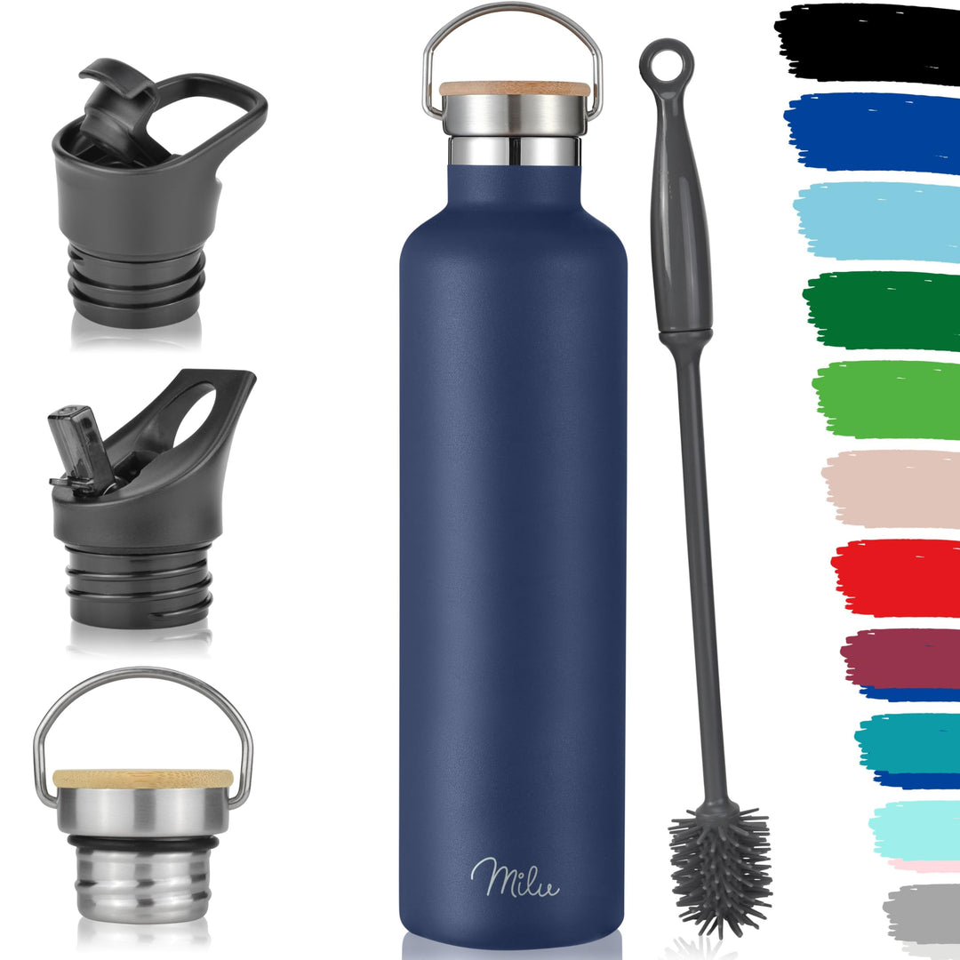 Milu Edelstahl Trinkflasche 350ml 500ml 750ml 1000ml (+3 Deckel) - Thermosflasche mit Strohhalm, Iso