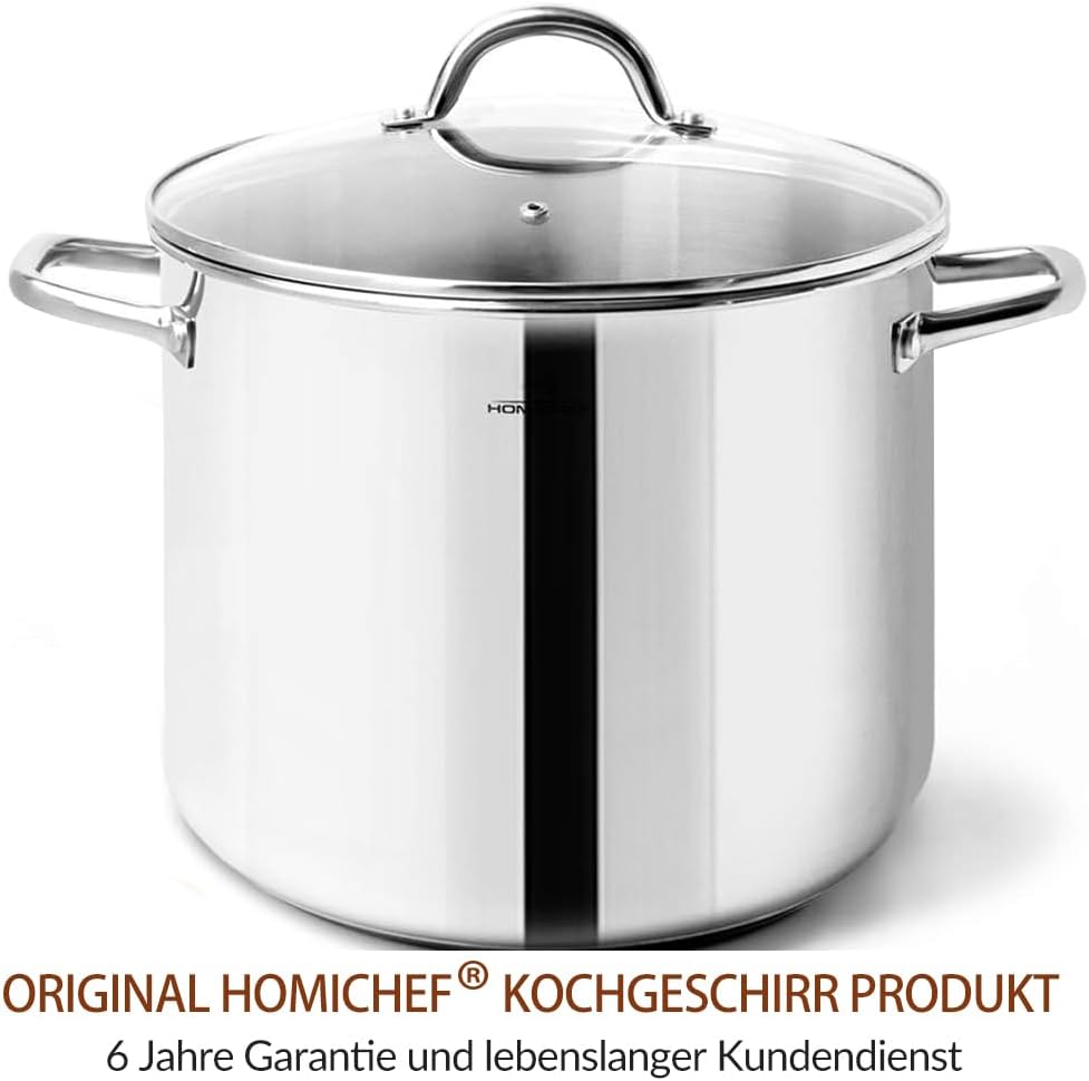 HOMICHEF Nickelfreier Edelstahltopf mit Glasdeckel (24,5 cm 9,5 Liter) - Gesunder, hochglanzpolierte