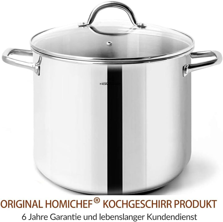 HOMICHEF Nickelfreier Edelstahltopf mit Glasdeckel (24,5 cm 9,5 Liter) - Gesunder, hochglanzpolierte