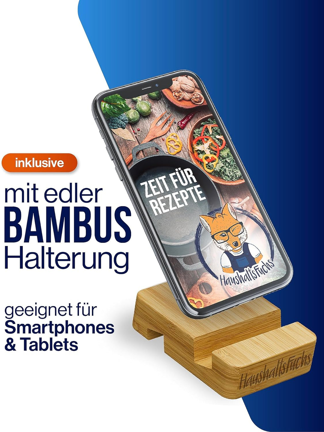 HaushaltsFuchs® Premium 100% FSC® Bambus Schneidebrett mit grosser Auffangschale inkl. Handyhalterun