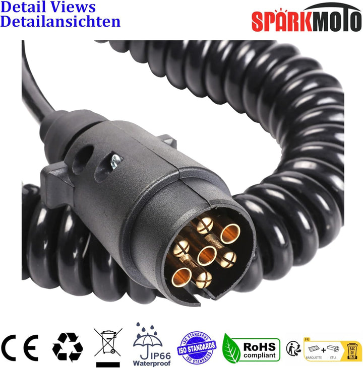 2.6M Anhänger Verlängerungskabel 7 polig mit 2 Anhänger Stecker,Spiralkabel Anhängerkabel Arbeitslän