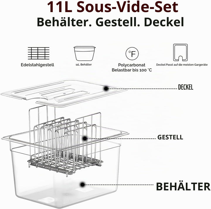 Sous Vide Behälter -11L mit Deckel und Rack für Sous Vide Stick Garer Mehrere Marken, Multifunktiona