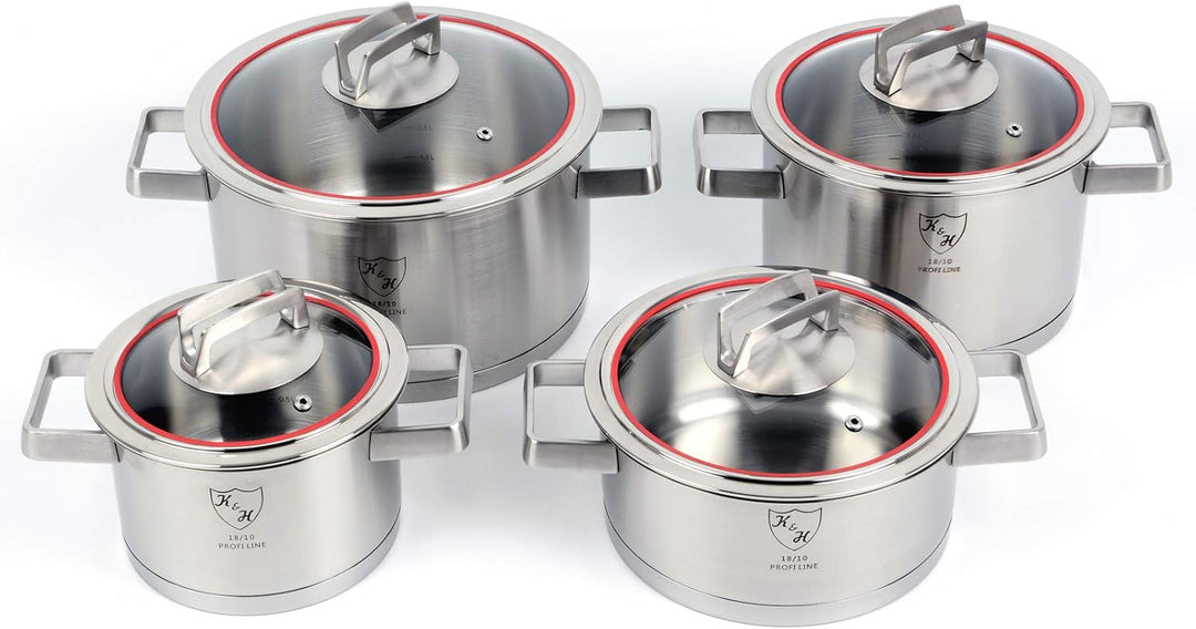 K&H UNIQUE Topfset mit Glasdeckel, Induktionsgeeignet, Edelstahl rostfrei 18/10 poliert (4-teilig 70