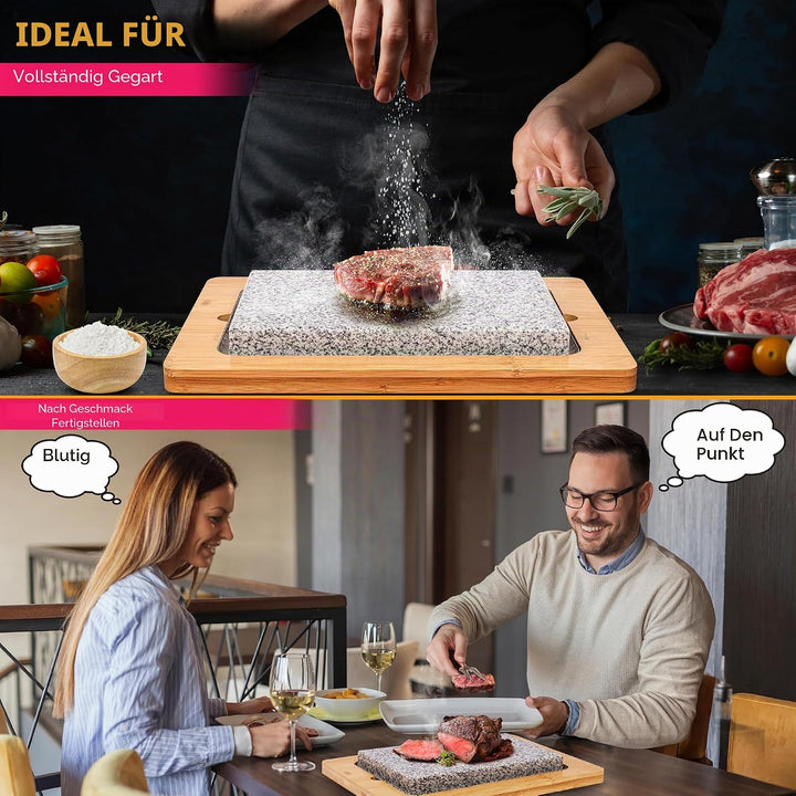 NutriChef Granitstein Grillplatte 38x27cm – Teppanyaki Tischgrill mit Bambusplatte, Antihaft, 290°C,