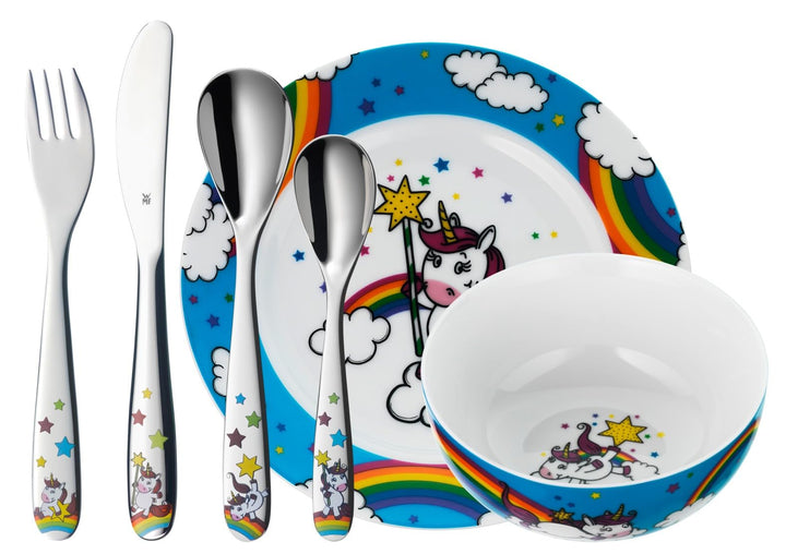 WMF Einhorn Kinder Geschirrset 6-teilig, Kindergeschirr mit Kinderbesteck Edelstahl, 3-9 Jahre, Crom