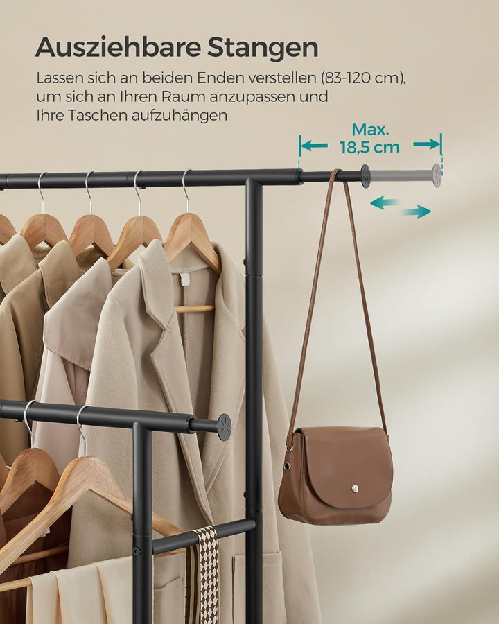 SONGMICS Kleiderständer auf Rollen, doppelte Stangen, ausziehbare Kleiderstangen, Garderobenständer