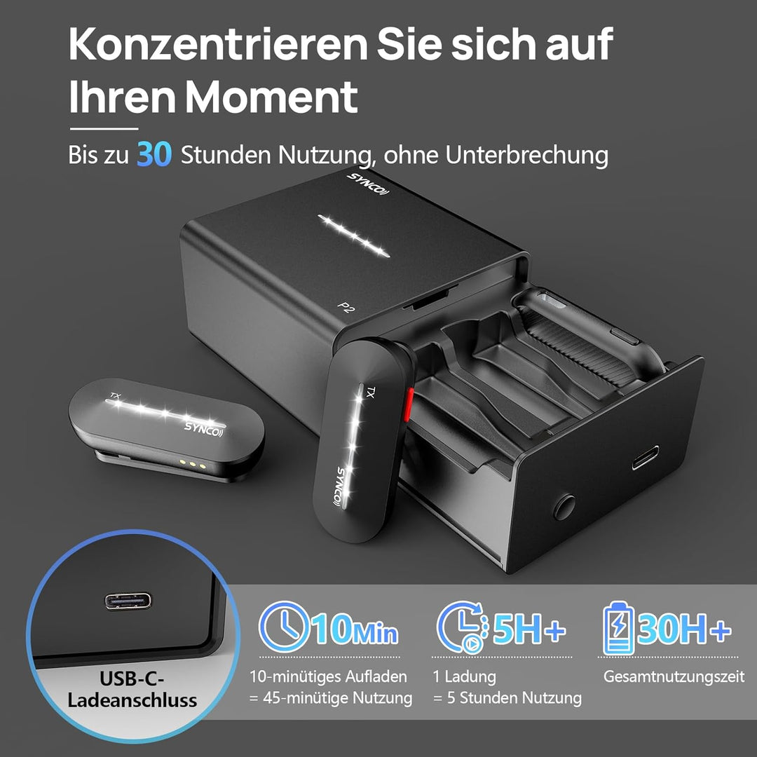 SYNCO Mikrofon Handy P2SL 2.4GHz Lavalier Mic Kabellos【MFi Zertifiziert】 Smartphone Funkmikrofon mit