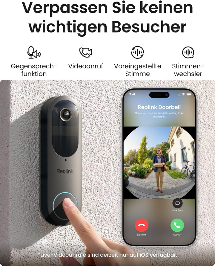 Reolink Video Doorbell (2. Gen), 2K 4MP Akku Türklingel mit Kamera, 1:1 Kopf‑Fuss‑Ansicht, Kabellose