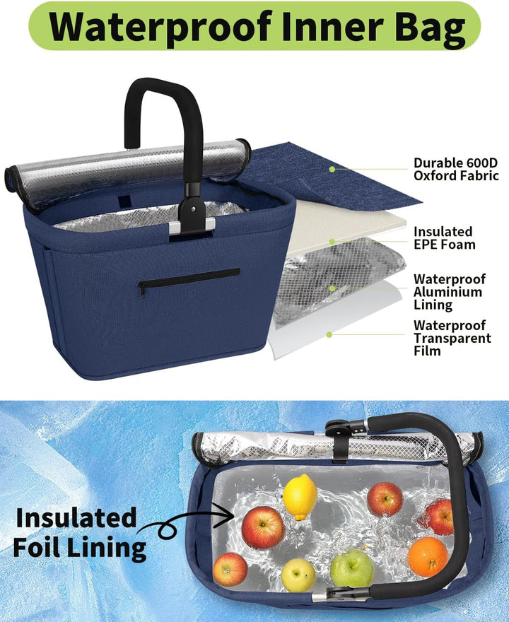 35L Kühltasche Einkaufskorb Faltbar mit 2 Stützstangen, Grosse Isolierte Kühlkorb mit Aluminium Grif