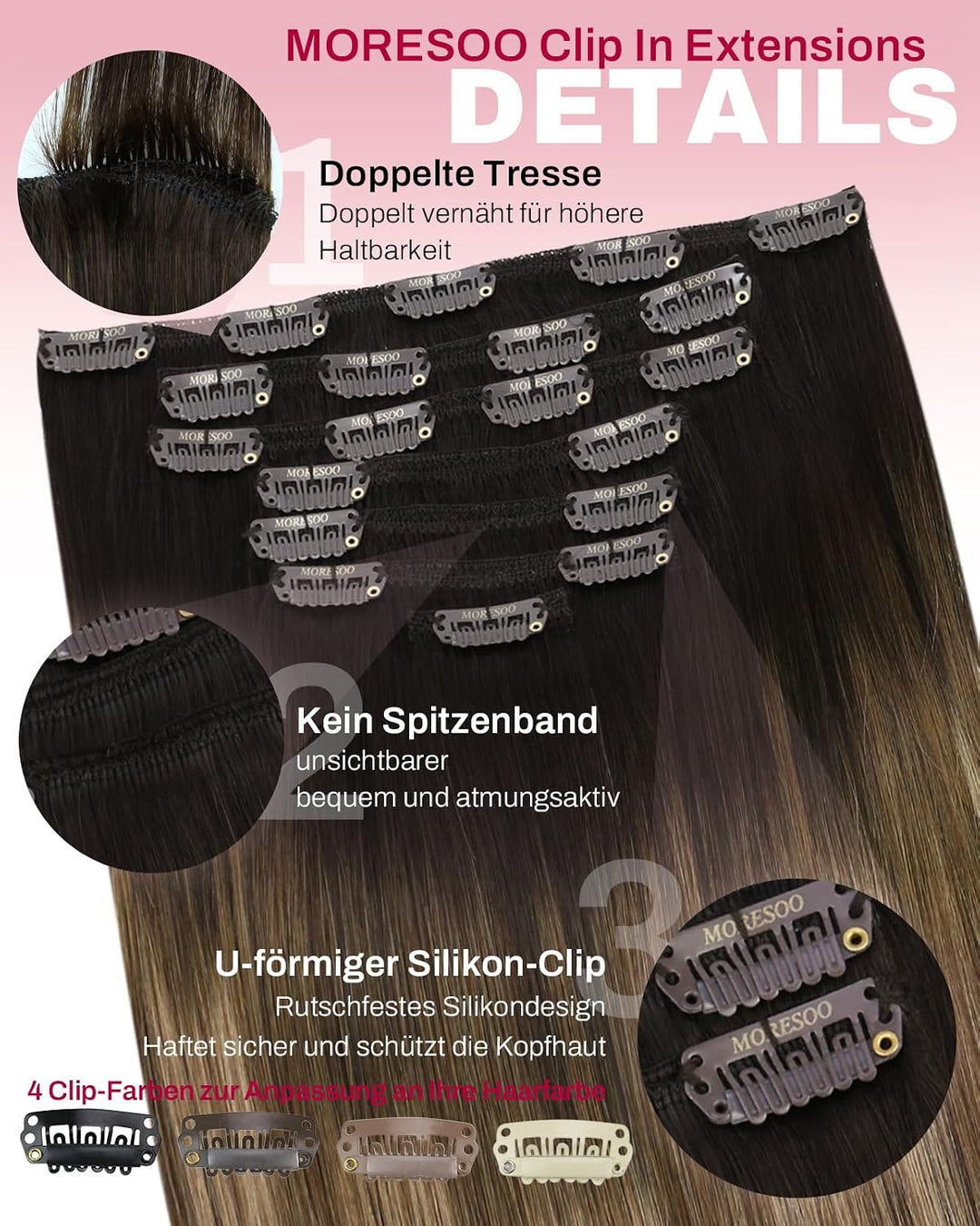 Moresoo Clip in Extensions Echthaar Balayage Remy Extensions Clip Haarverlängerung Echthaar Clips Om