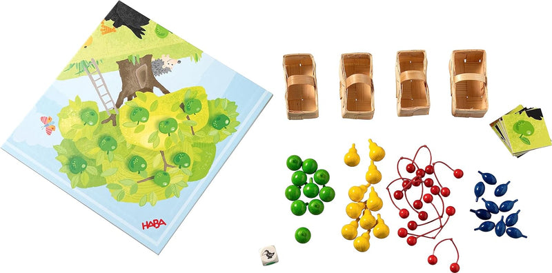 HABA Le Verger Jeu de dés passionant, avec 40 fruits en bois et des règles faciles à comprendre, jeu