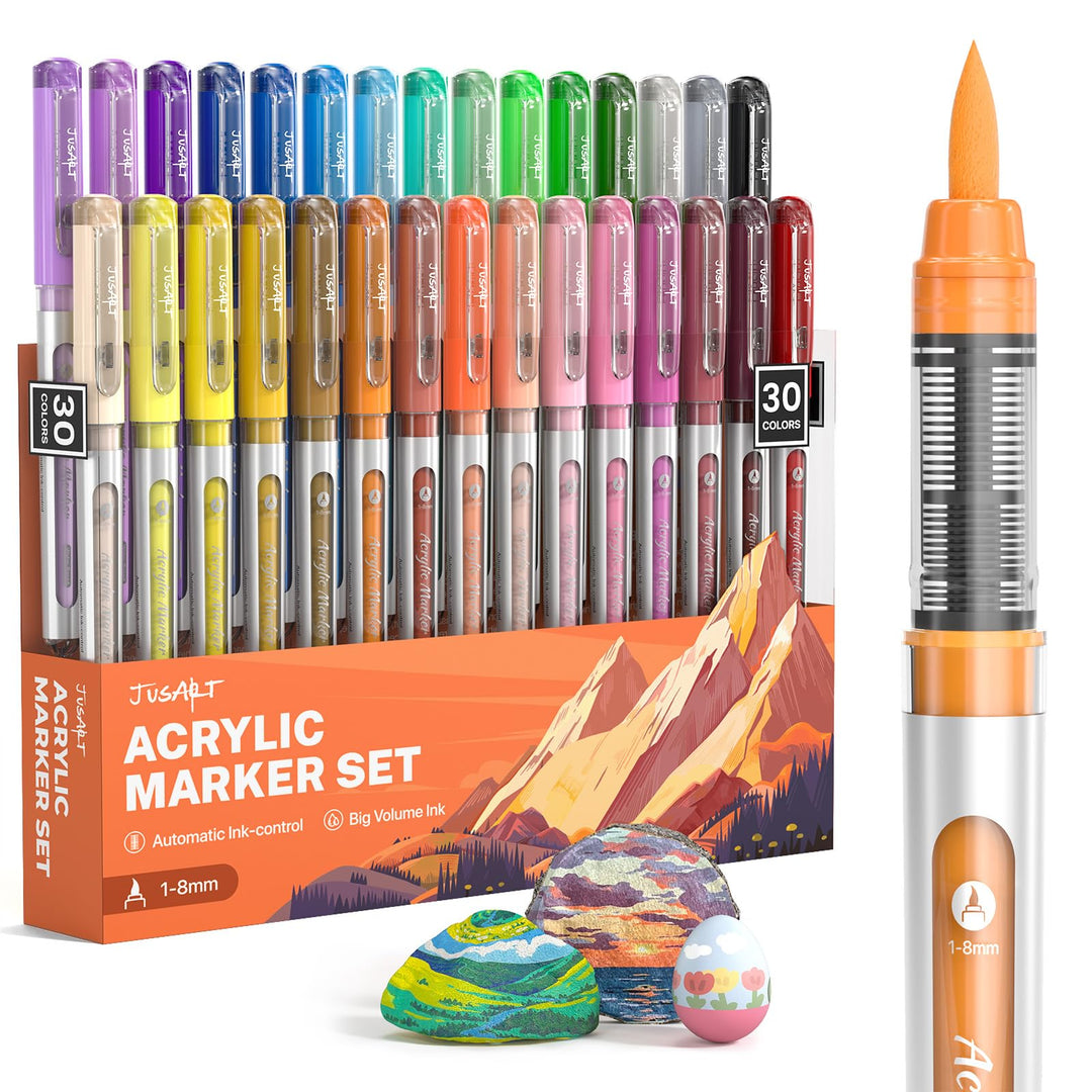 JusArt Acrylstifte 30 Farben set,1–8 mm Wasserfester Acrylmarker Pinsel Tip, für steine bemalen,holz