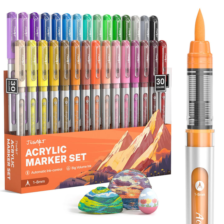 JusArt Acrylstifte 30 Farben set,1–8 mm Wasserfester Acrylmarker Pinsel Tip, für steine bemalen,holz