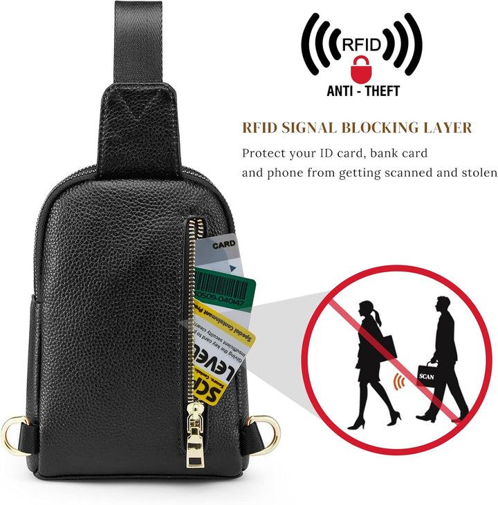 S-ZONE RFID-blockierende Damen-Umhängetasche, Leder, klein, Brustrucksack, Rucksack Schwarz-1, Schwa