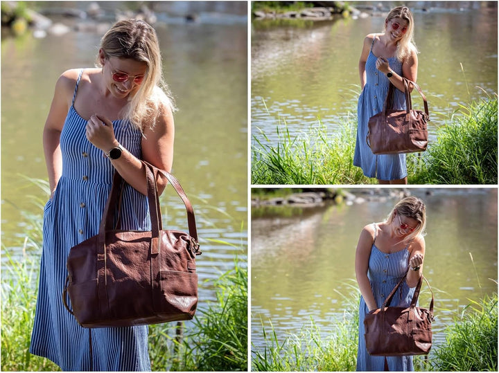 LECONI Shopper Vintage-Look Damen Henkeltasche Schultertasche Echt-Leder Natur Damentasche Ledertasc