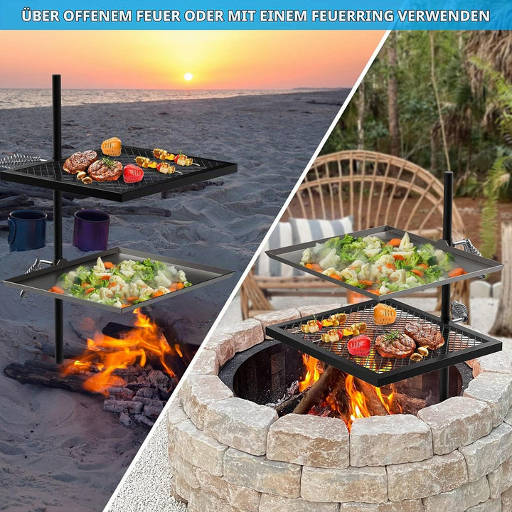 Onlyfire Schwenkgrill mit Grillrost, Grillplatte und 2 Verstellbaren Gefederten Griffen, Multifunkti