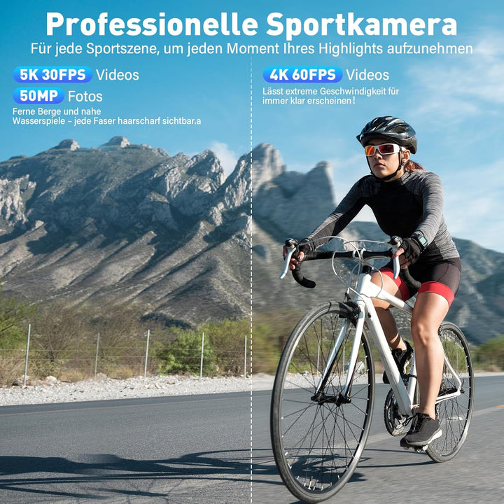 Action Cam 5K 4K60FPS, 50MP 30M/98FT wasserdichte Unterwasserkamera mit EIS, WiFi, 170° Ultra-Weitwi