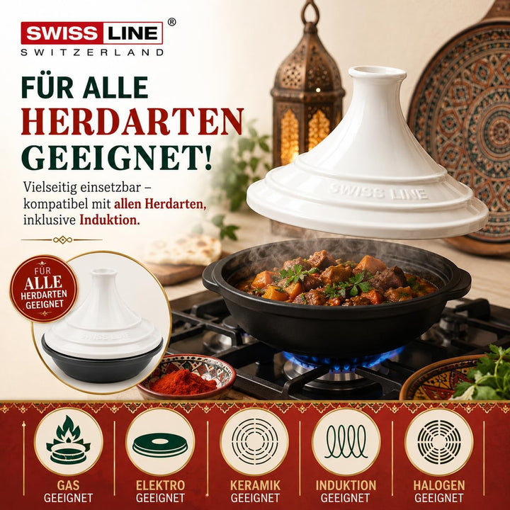 SWISS LINE Tajine 30 cm Induktion geeignet – Aluminium Schmortopf mit Keramikdeckel – Antihaft Marmo