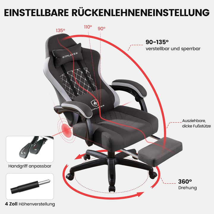 GTPLAYER Gaming Stuhl Stoff, Gaming Sessel mit Taschenfederkissen, ergonomischer Drehstuhl, Gamer St