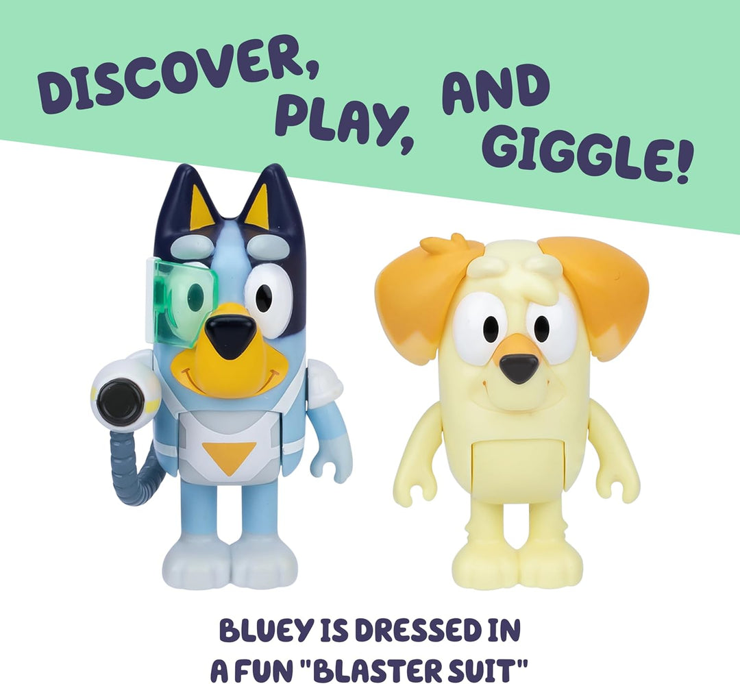 Bluey Figure 2-Pack - Surprise Blaster Suit Pack, 6.35 cm Figures of Bluey and Neighbor Chucky, Recr