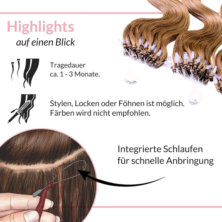 hair2heart Microring Extensions Echthaar Gewellt - 25 Strähnen 1g 40cm 8/1 hellblond asch 25 Strähne