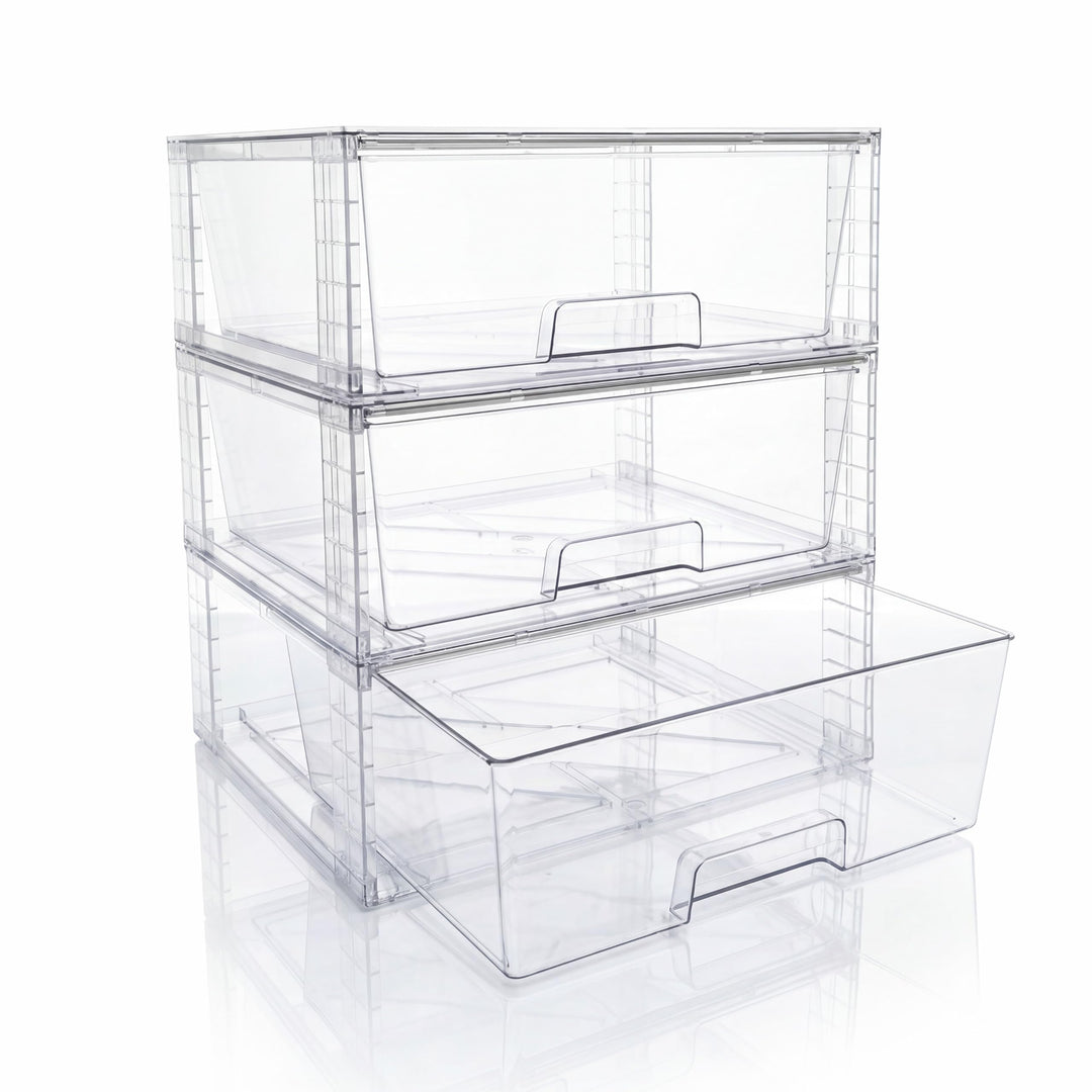 3er Set Breite Stapelbare Aufbewahrungsschubladen für Bad und Küche, Hochfeste Klare Acryl Organizer