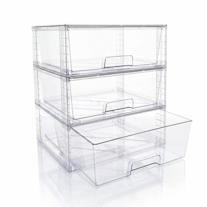 3er Set Breite Stapelbare Aufbewahrungsschubladen für Bad und Küche, Hochfeste Klare Acryl Organizer