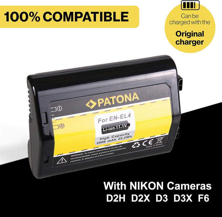 PATONA 2X Akku EN-EL4 / ENEL4a Kompatibel mit Nikon D2H D2X D3 D3X F6 2 x Batterie, 2 x Batterie