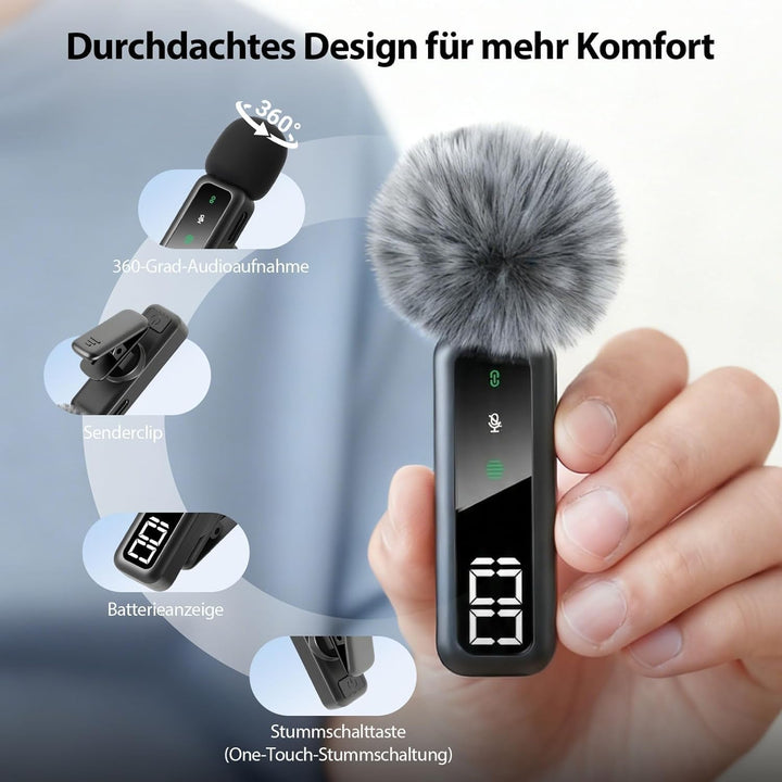 Kabelloses Lavalier-Mikrofon mit LED-Anzeige, Lavalier-Mikrofone Clip-on-Mikrofon mit Rauschunterdrü