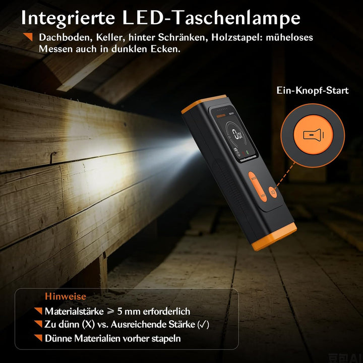 Feuchtigkeitsmessgerät Pinless, Holz- & Wandfeuchtemesser, 4 Modi ±4%, 3-farbe Alarm+Summer, LED-Tas
