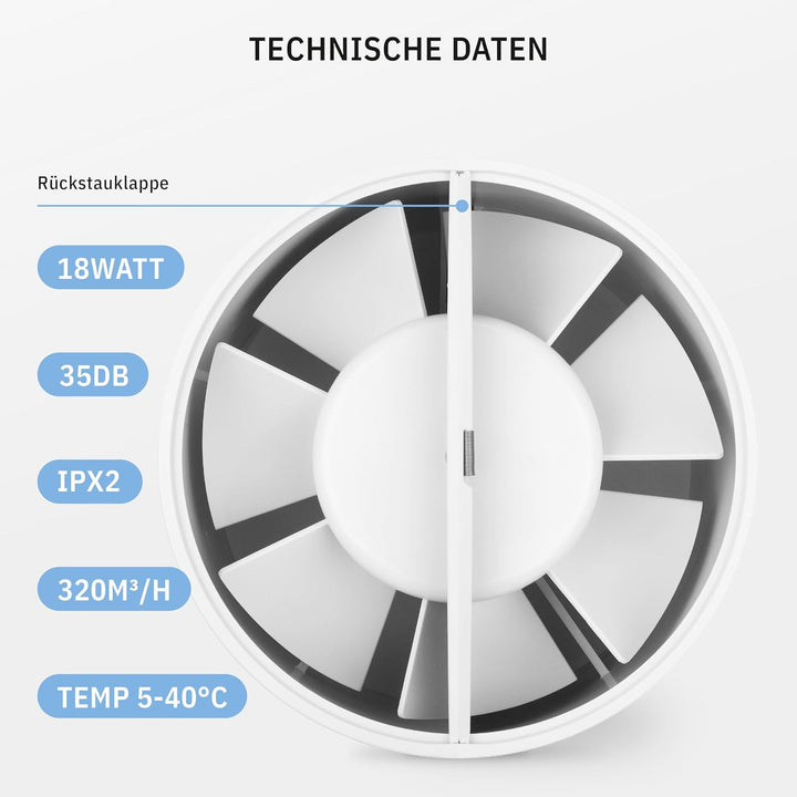 calimaero INLINE Abluftventilator 150mm Rohrventilator mit Rückstauklappe Badlüfter Grow Lüfter 320