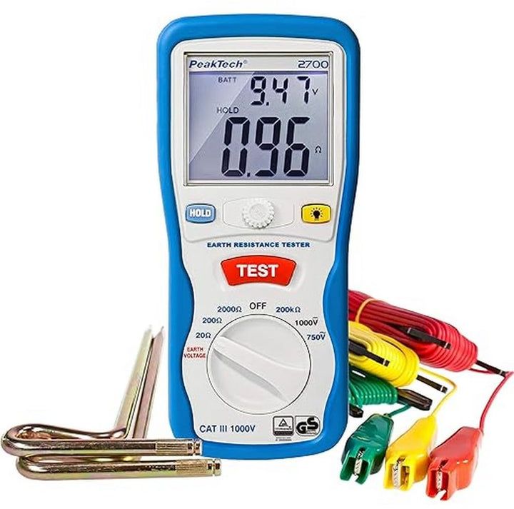 PeakTech P 2700 2700 - Digitales Erdungsmessgerät mit beleuchtetem Dual LCD-Display & 2 Erdungsstäbe
