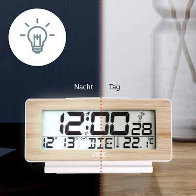 ADE Funkwecker digital mit Batterie | Tischuhr mit Temperaturanzeige und Kalender | Gehäusefront aus