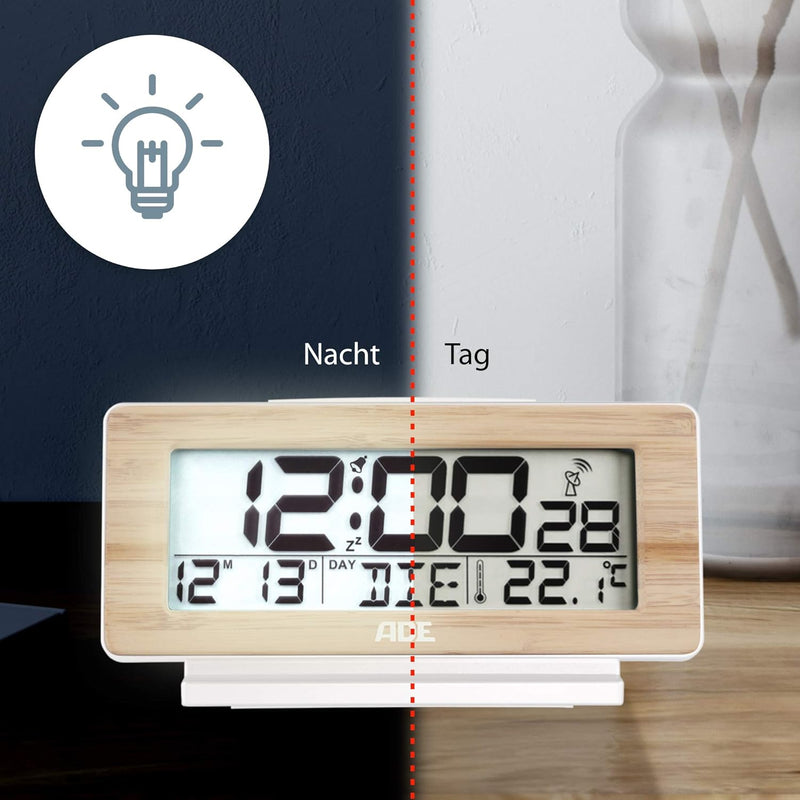 ADE Funkwecker digital mit Batterie | Tischuhr mit Temperaturanzeige und Kalender | Gehäusefront aus