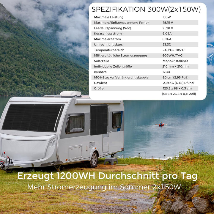 300W Flexibles Solarpanel Schwarz, 18V Monokristallines Solarmodul Flexibel Wohnmobil für 12V Batter