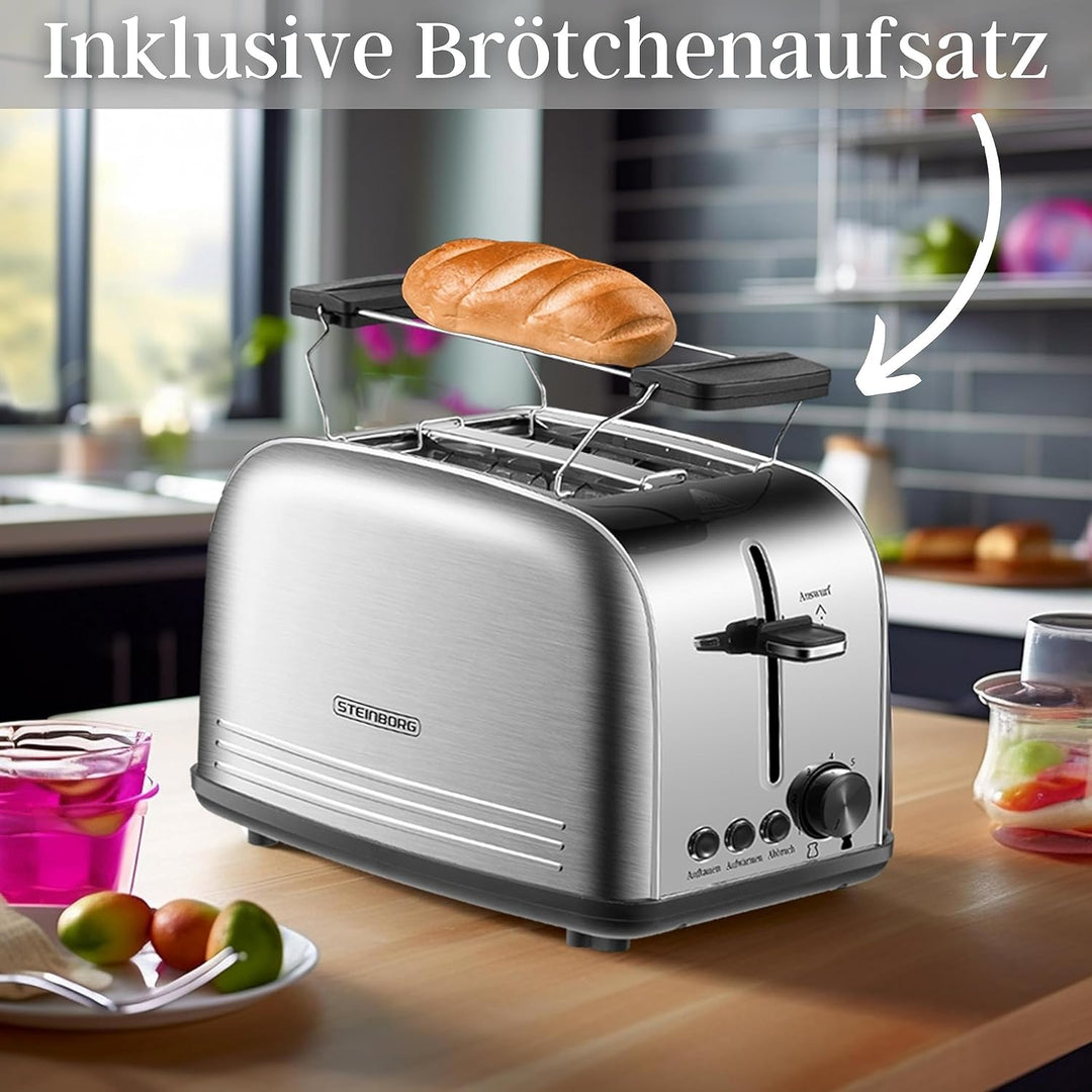 Edelstahl Toaster mit Brötchenaufsatz | Toaster 2 Scheiben | Doppelschlitz Toaster | 7 Stufen | 4 Fu