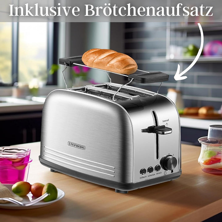 Edelstahl Toaster mit Brötchenaufsatz | Toaster 2 Scheiben | Doppelschlitz Toaster | 7 Stufen | 4 Fu
