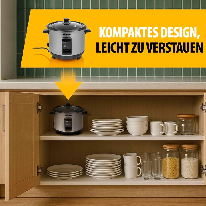 Tristar Reiskocher, 1 L Kapazität für bis zu 5 Portionen, Edelstahlgehäuse, Antihaft-Innentopf, Damp