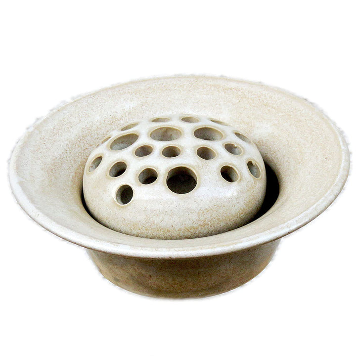 Blumensteckschale beige, 2-teilig, handgetöpfert, 13 cm Durchmesser, Steinzeug