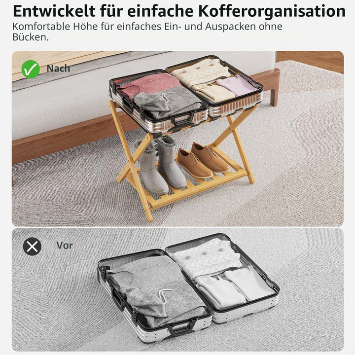 2er Set Bambus Gepäckablage für Gästezimmer, 26,77" Klappbarer Kofferständer mit Ablagefach, Verstär