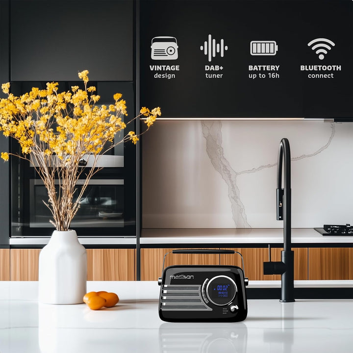 Madison - FREESOUND-VR40BK-DAB - Vintage DAB+ Radio mit Langer Akkulaufzeit - DAB+, FM, Bluetooth &
