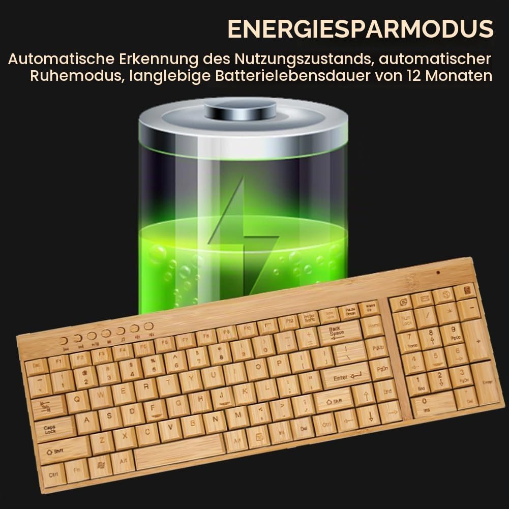 Kabellose Maus-Tastatur aus Bambus, Computer-Steuergeräte aus Holz mit 2,4-GHz-Wireless-Verbindung,