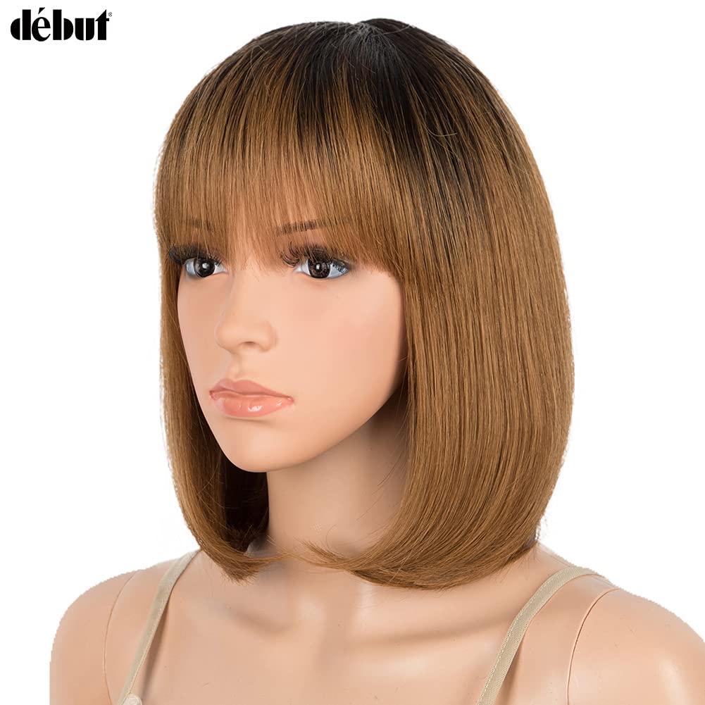 DÉBUT Echthaar Perücke mit Pony kurz Perücke Bob Pixie 10A brasilianisches Virgin Remy Hair 25 cm 10