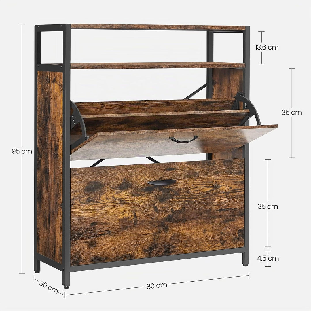 VASAGLE Schuhschrank, schmales Schuhregal, Schuhkipper mit 2 Klappen, für 10-16 Paar Schuhe, platzsp