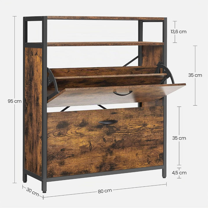 VASAGLE Schuhschrank, schmales Schuhregal, Schuhkipper mit 2 Klappen, für 10-16 Paar Schuhe, platzsp